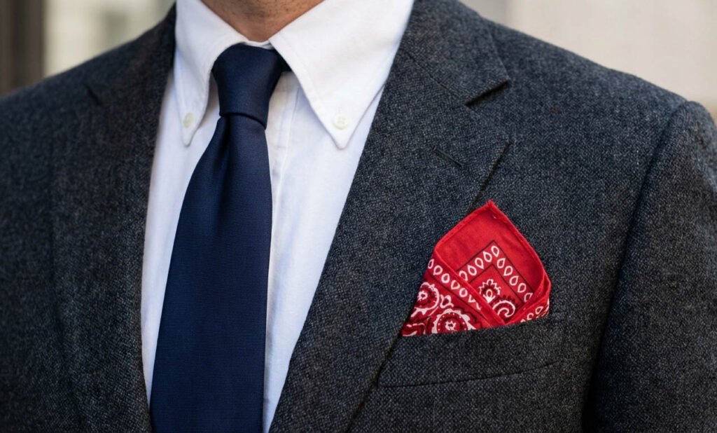 Bandana folded as a pocket square in a classic blazer, paired with a white shirt and a blue tie.