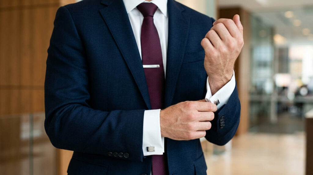 Мужчина в офисе в классическом костюме, синем пиджаке и в бордовом галстуке с зажимом, поправляет рукава белой рубашки с серебряными запонками.