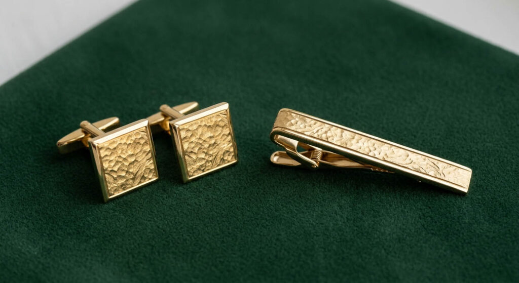 Золотые запонки и зажим для галстука с рельефным тиснением на велюровом ювелирном зеленом сукне.