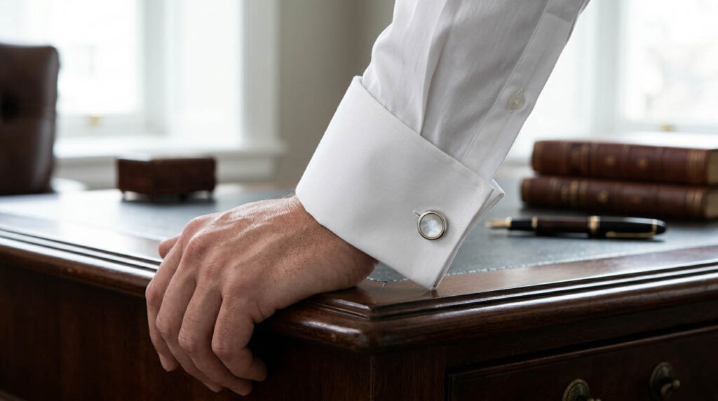 Классический французский манжет белой рубашки с подворотом и запонкой на мужской руке, опирающейся на деревянный стол.