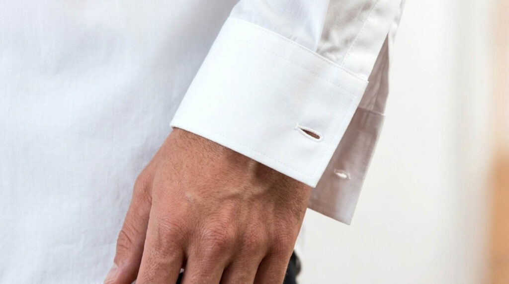 Расстегнутый ровный одинарный манжет классической белой рубашки на мужчине.