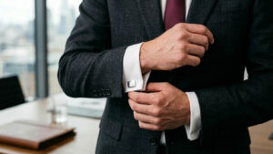 Man in a classic suit adjusting elegant white shirt cuffs with silver cufflinks.